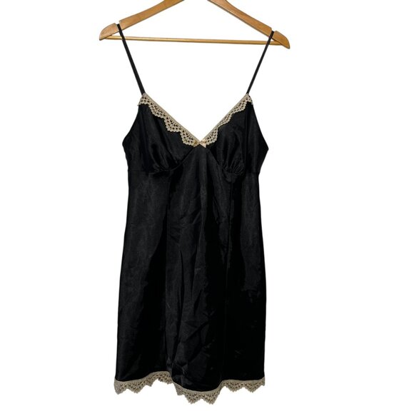 Vintage Babydoll Slip Dress Whimsigoth Lace Trim Black Satin Y2K Fairy Medium - Picture 1 of 10